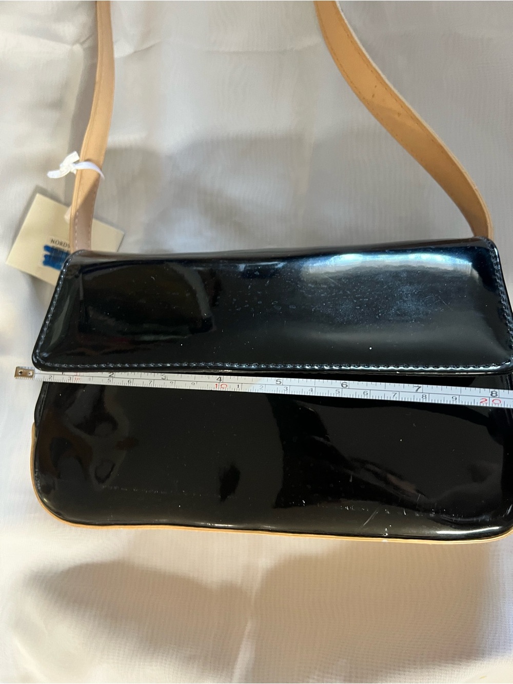 👜 Amanda Smith Black Patent Shoulder Bag with Tan Strap - NWT -Price penned-up. - Picture 4 of 7